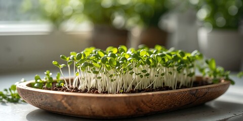 Fototapeta premium Home germination of microgreen seeds such as beets, mustard, radishes, onions, broccoli, mizuna for fresh produce preparation