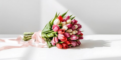 Multicolored tulips with white, pink, and red petals arranged in a bouquet and wrapped with a pink ribbon, suitable for floral arrangements