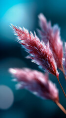 Fototapeta premium Close-up of soft wheat-like feathery plants glowing in bright sunlight against a dreamy blue background
