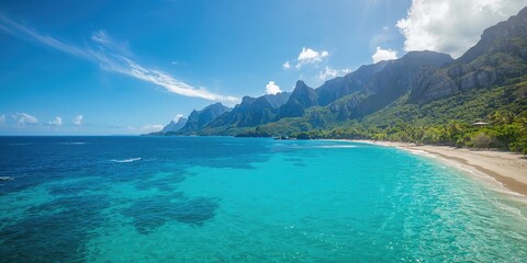 Obraz premium Seaside scene featuring a sandy beach, clear blue waters, and verdant foliage with rocky mountain backdrop, suitable for environmental preservation campaigns