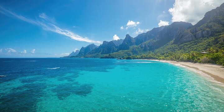 Seaside scene featuring a sandy beach, clear blue waters, and verdant foliage with rocky mountain backdrop, suitable for environmental preservation campaigns - Powered by Adobe