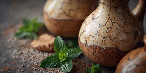 Old ceramic vessel featuring mint molds, used as a textured background for botanical layout
