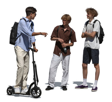 Three boys with a scooter standing outside and talking, isolated on white and transparent background