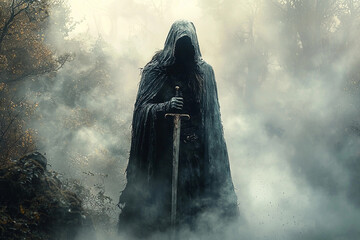 Shadowy figure stands in foggy forest with sword Generative AI