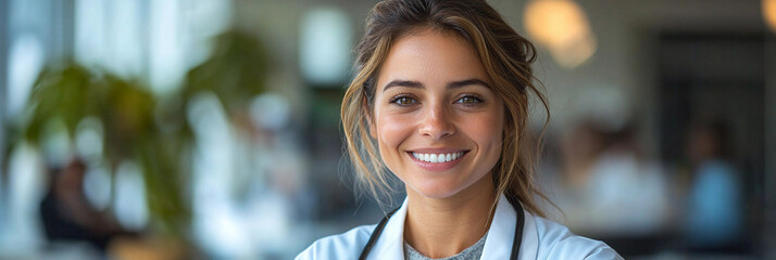 Smiling female doctor in white coat at healthcare center Generative AI