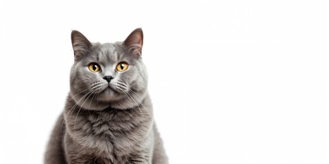 Obraz premium Domestic gray or blue British short hair cat with yellow eyes on a white background, pet care safety