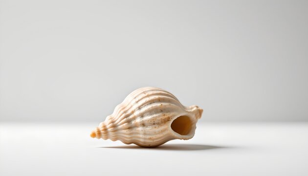 A seashell with an opening at one end, resting on a flat surface against a neutral background