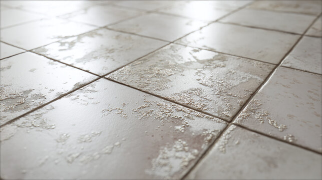 A close-up shot of worn-out tiles on a floor, showing signs of damage and age