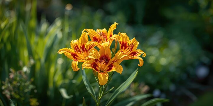 Bright yellow and dark red daylily petals create cheerful blooms in an early summer garden, seasonal flowering patterns - Powered by Adobe