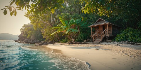 Seaside bungalow on Pulau Perhentian Islands featuring wooden stairs and leafy foliage, emphasizing eco-friendly tourism