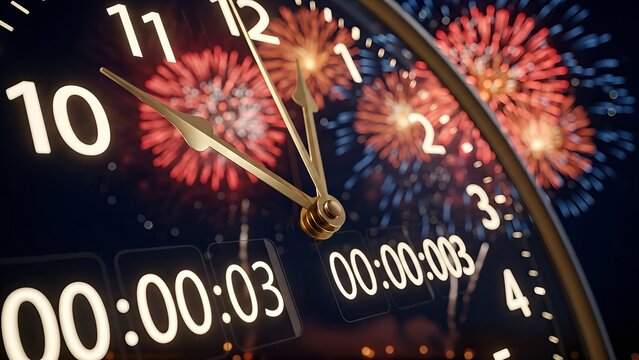 Dynamic Countdown Clock With Fireworks For New Year Celebration.