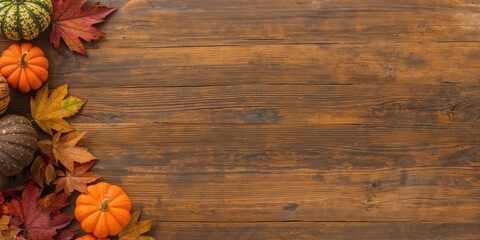 Autumn multicolored leaves and pumpkins arranged on an old brown wood table for seasonal decor, Earth Day