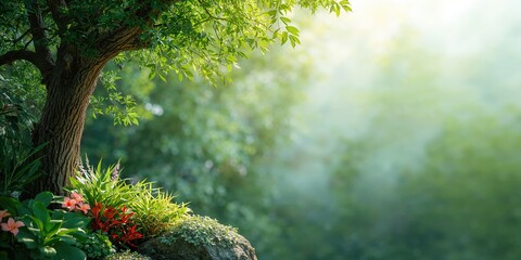 Garden corner with tropical trees and lush rainforest, serving as a calming green space for relaxation, spring season
