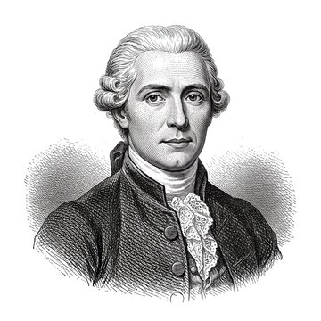 Black and white vintage engraving, close-up headshot portrait of Pierre-Augustin Caron de Beaumarchais, the famous historical French playwright, white background, greyscale