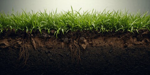 Detailed view of exposed earth beneath grass cover, highlighting soil structure and sustainability, Earth Day