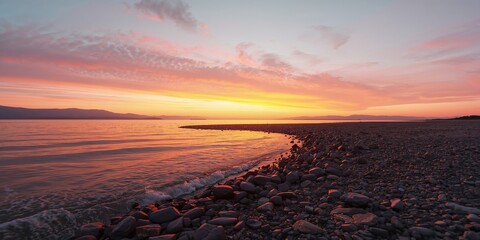 Sunset over Baikal lake showing colorful sky and calm water, ideal for scenic backdrop use