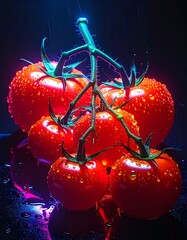 Glossy, red tomatoes on the vine glisten with dew, reflecting blue and purple hues on a dark, wet surface