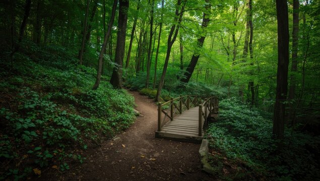 Winding trail with a small wooden footbridge in a forested area, highlighting outdoor recreation