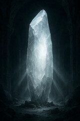Giant glowing crystal standing in dark mysterious cave