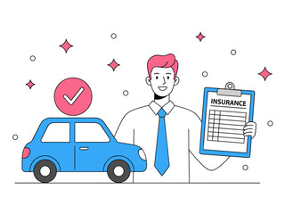 Man holding insurance document next to car with checkmark