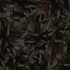 Dark modern camouflage pattern with brown and grey fragments. Abstract shattered geometric shapes in dark earth tones. Tactical military grunge texture background for gaming skins.