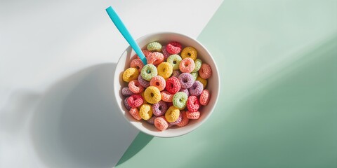 Colorful cereal bowl and blue spoon, serving as a breakfast presentation, for food styling backgrounds