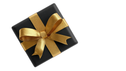 Square black gift box with shiny gold ribbon and bow on a black background