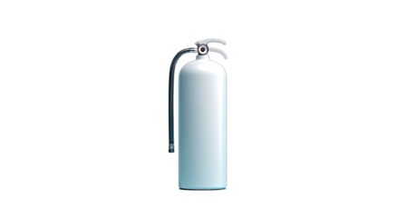 A sleek, white fire extinguisher with a silver handle and hose against a black background