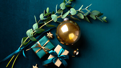 A stylish, top-down Christmas flat lay on a dark blue background with beautifully wrapped gifts and a golden ornament.