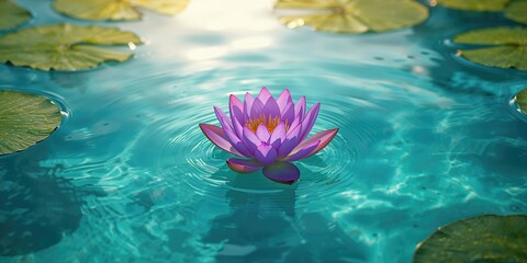 Water lily with vibrant purple petals floating on pond surface, ideal for nature-themed layouts or meditation visuals