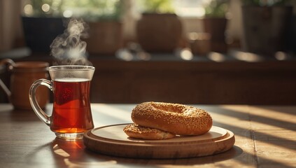 Classic Turkish morning meal featuring tea and bagel, highlighting cultural dietary habits