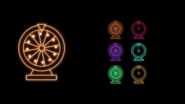 Animated outline neon fortune wheel icon set. Glowing neon lucky spin icon, roulette game. Lucky wheel, lottery game, casino roulette spin, fortune chance bet, win prize reward free spin bonus. 4k 