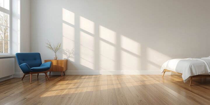 Vacant room featuring a blue lounge chair, wooden nightstand, and white bedding, emphasizing modern and antique decor styles