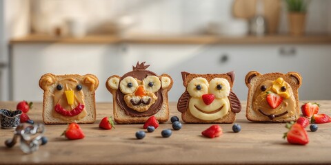 Animal faces made from bread slices topped with spreads and fruit, playful snack presentation, World Food Day