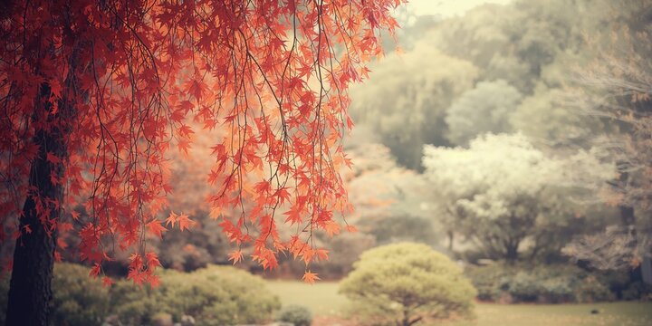 Red momiji leaves in a tea garden with autumn ambiance, seasonal change and natural landscape