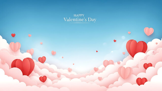 Happy Valentines Day with pink and red hearts floating in clouds - Powered by Adobe
