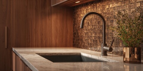 Wood cabinet kitchen feature with oil rubbed bronze faucet and glass tile backsplash, focusing on design and functionality