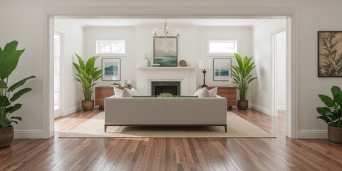 Obraz premium Living room with fireplace and couch, rustic wood flooring used as a background for interior design layout