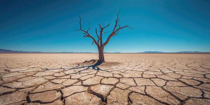 Parched soil surface with dried trees, illustrating climate change impact