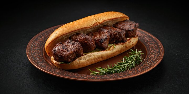 Alinazik kebab with roasted eggplant and lamb in a bun, presented on a copper dish, highlighting culinary heritage