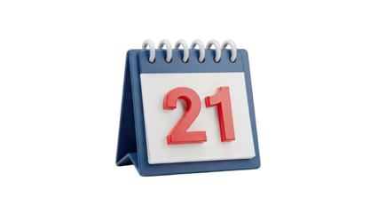 Desk Calendar Displaying the Number 21 with a Spiral Binding and a Transparent Background