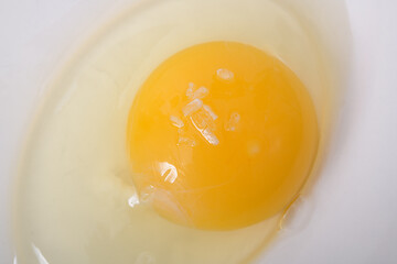Close-up of a raw egg yolk sprinkled with salt.