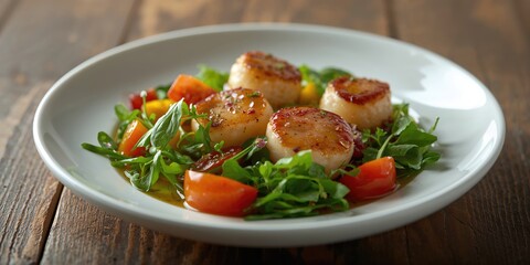 Scallop salad served in a white dish highlighting seafood freshness and light texture, ideal for culinary layout use