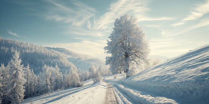 Pristine snowblanketed forest scene with shadowed trees on slopes, ideal for winter landscape layouts