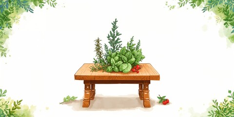 Child-friendly kitchen scene with herbs on a wooden table, educational activity for young learners