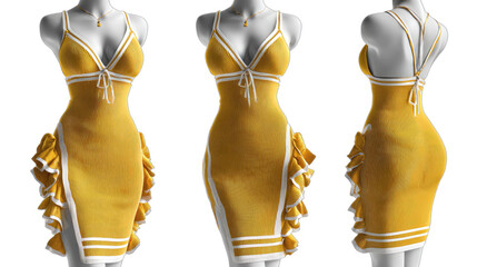 Three views of a yellow, fitted, short dress with ruffled sides