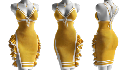 Three views of a yellow, fitted, short dress with ruffled sides