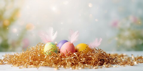 Easter eggs with feathers on gold glitter shredded paper, seasonal holiday decoration