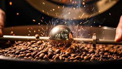 Intense Coffee Roasting Scene with Sparkling Beans.