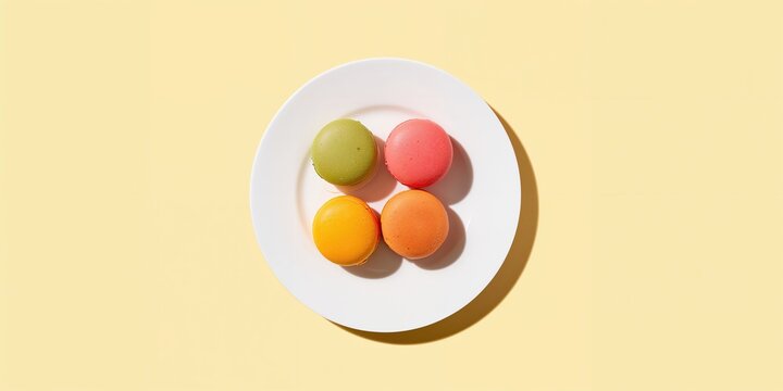 French colorful macaroons on a white plate set against a yellow background, ideal for bakery branding or dessert menu design
